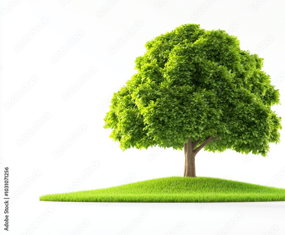 Poster three-dimensional rendering illustration with a plum tree in the middle of a grassy field.