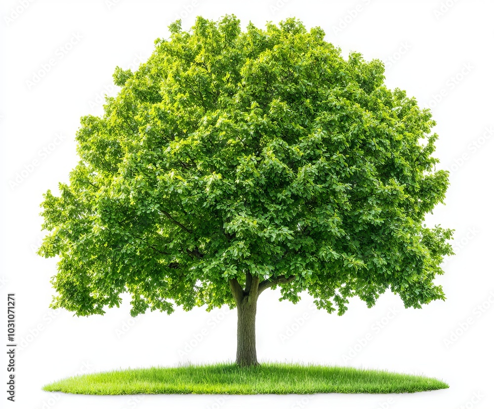 Poster the single plum tree stands alone on a white transparent background on a grassy field. this is a 3d 