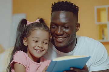 Obraz premium A happy father and daughter playing together in a bedroom for a sense of bonding, support, and affection. A smile and a laugh with a dad and child in a black family home for a sense of care, quality