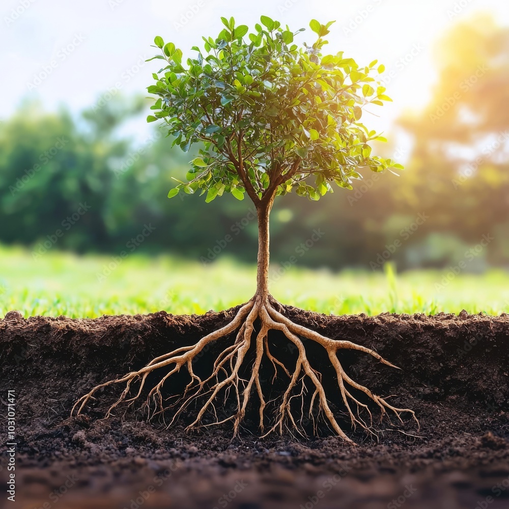 Poster this image was taken by an ai system to show a large tree with a strong root system in the soil