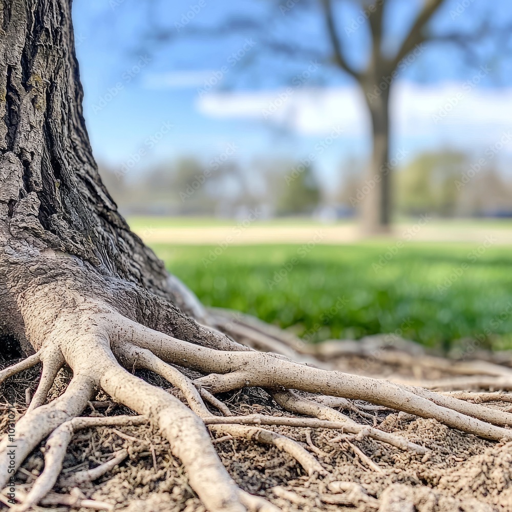 Poster using stock, a large tree's root system is firmly planted in the soil.