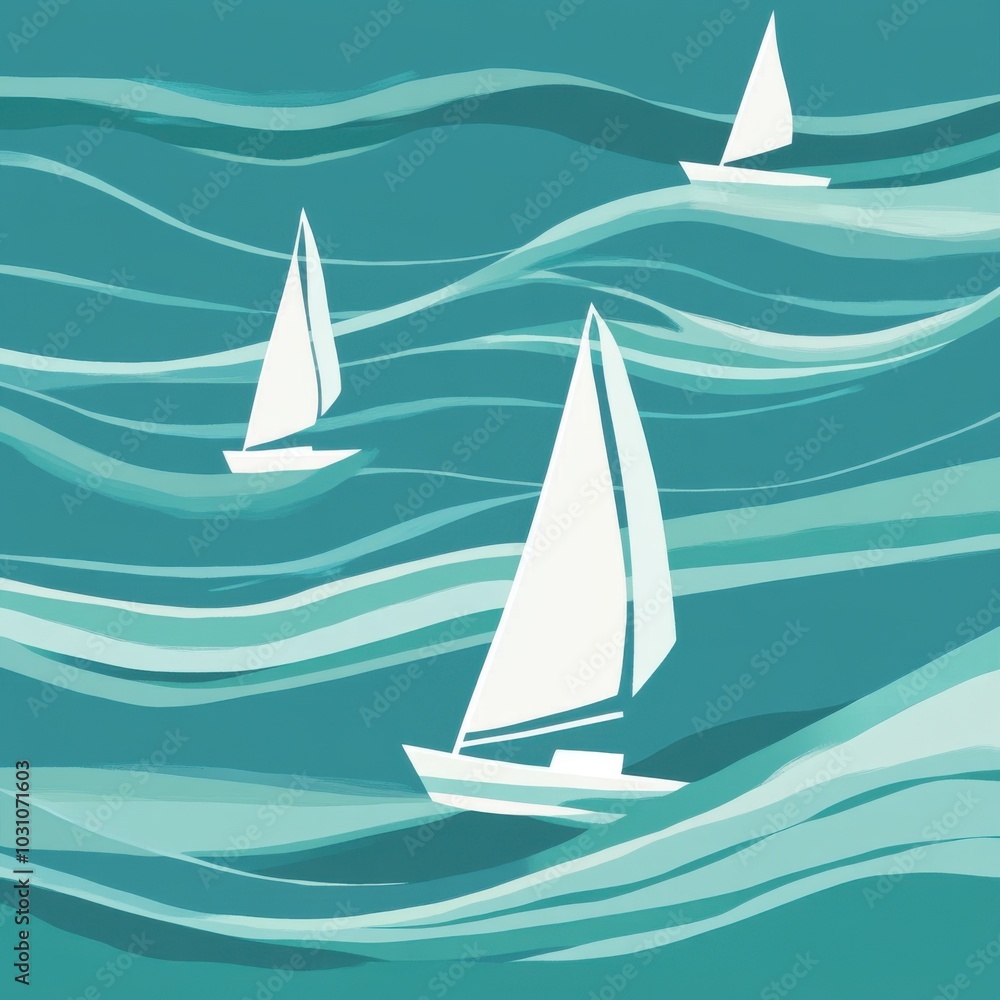 Poster flat vector illustration of three sailboats on the ocean with large white wave lines in the backgrou
