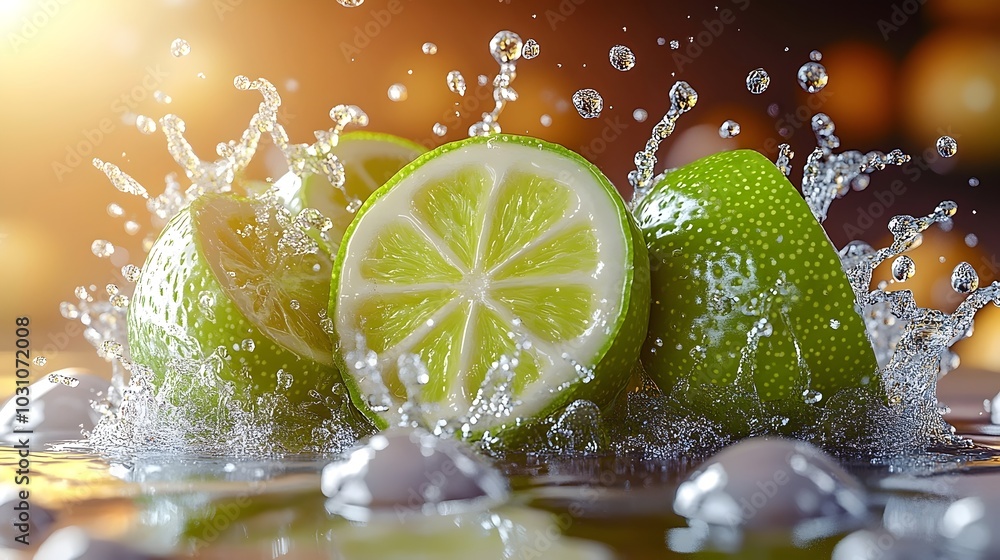 Poster a refreshing splash of lime wedges in water. the vibrant green color and water droplets create a liv