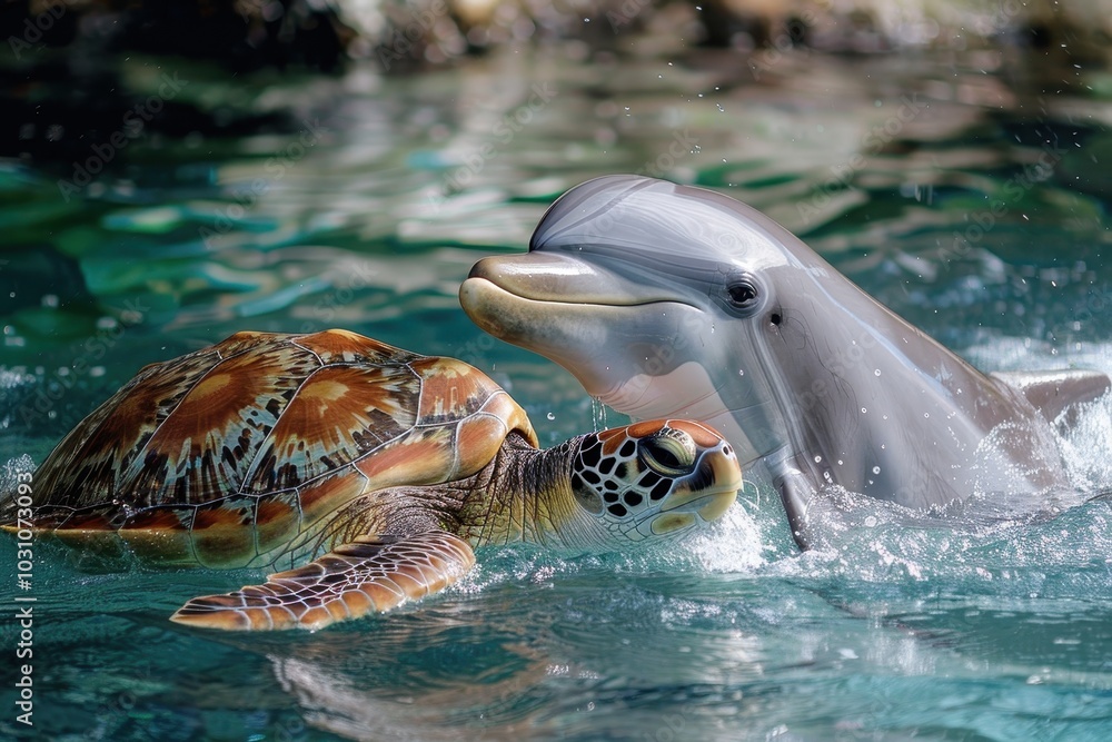 Poster a dolphin and a turtle share a moment of curiosity in clear coastal waters during a sunny day, highl