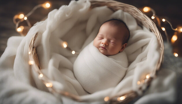 A newborn is wrapped in a white silk blanket, resting in a basket adorned with decorative lights.