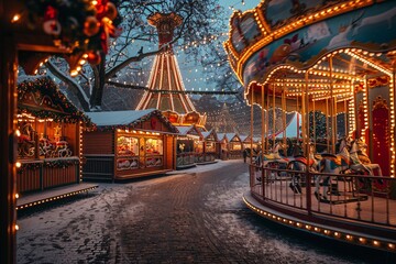Obraz premium A charming winter fairground features a beautifully lit carousel and holiday stalls, creating a magical atmosphere. The scene is adorned with fairy lights, evoking the spirit of the season.