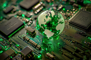 Concept of green technology. green world icon on circuit board technology innovations. Environment Green Technology Computer Chip.