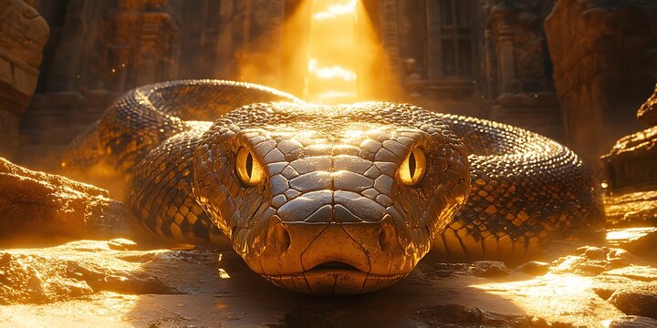 A giant snake in ancient ruins bathed in sunlight.