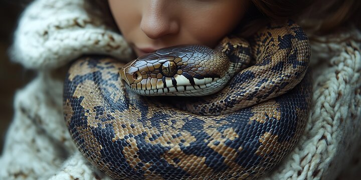 A woman gently holds a large python around her shoulders.