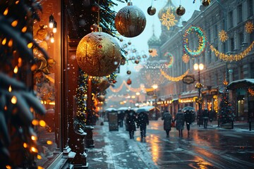 Obraz premium A bustling street filled with holiday decorations, glowing lights, and large ornaments amidst falling snow creates a cheerful winter atmosphere