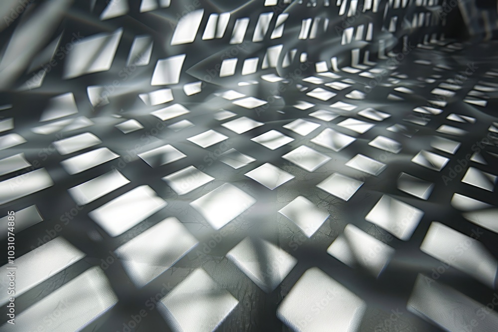 Poster Visitors explore a brightly lit interactive installation in a modern art space, creating captivating patterns on the reflective floor during an evening exhibit