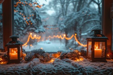 The view from a window shows a snowy landscape adorned with festive lights, while lanterns with...