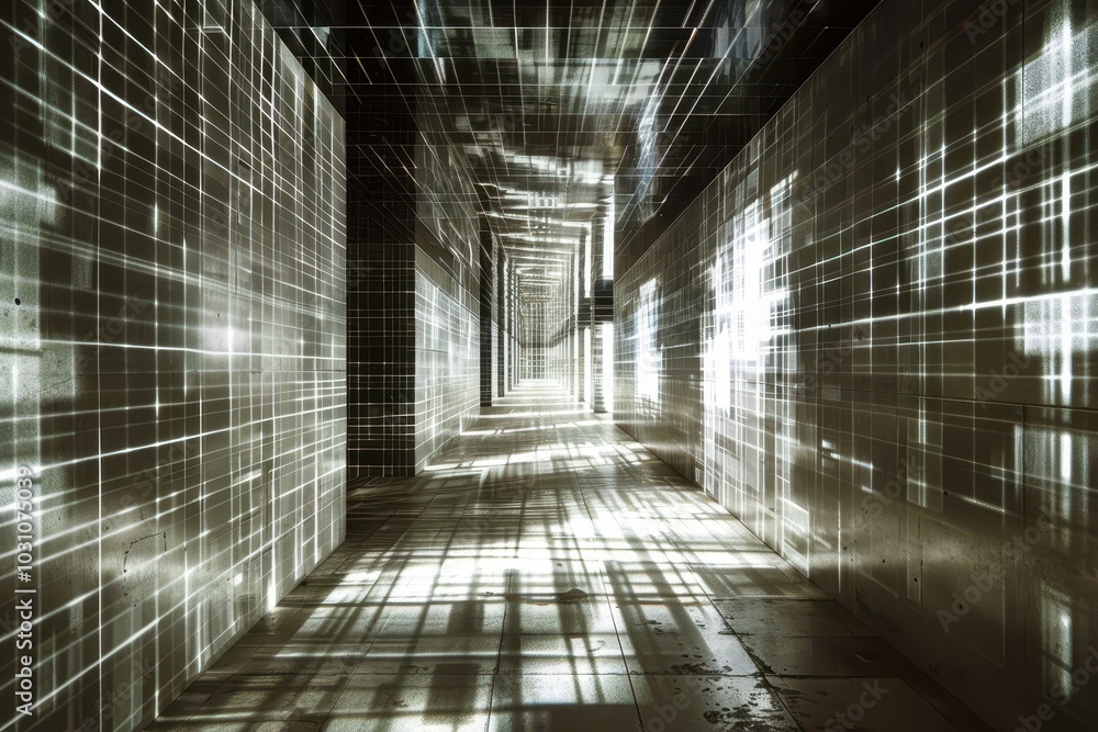 Aufkleber Visitors explore a brightly lit interactive installation in a modern art space, creating captivating patterns on the reflective floor during an evening exhibit