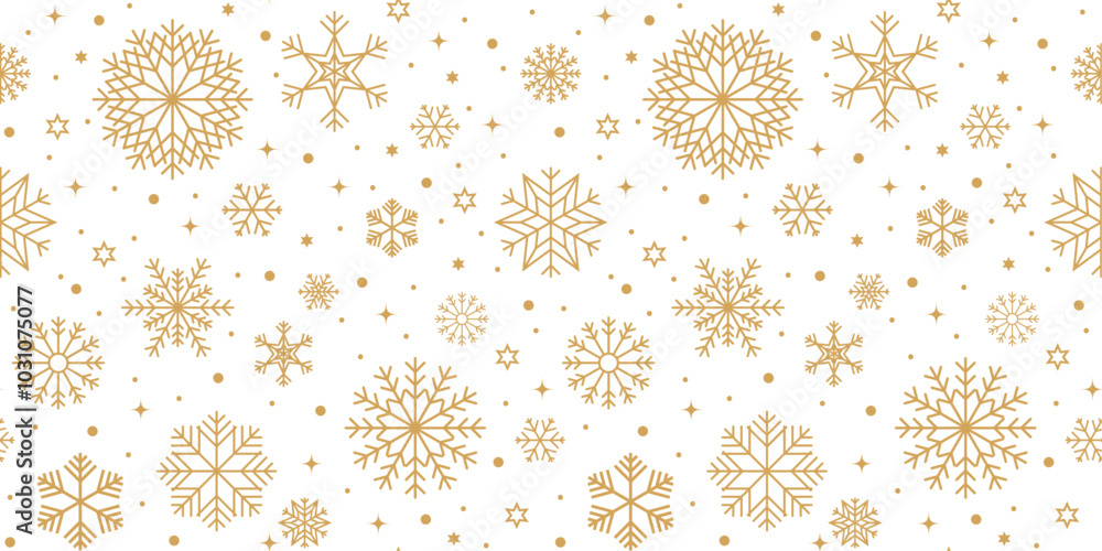 Poster Christmas vector background seamless pattern with gold snowflakes and stars isolated on transparent background.	
