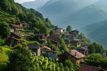 A tranquil village nestled in the mountains during a misty morning, showcasing traditional wooden architecture surrounded by lush greenery