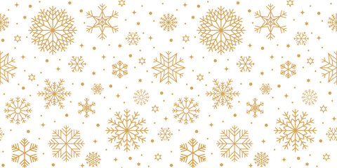 Christmas vector background seamless pattern with gold snowflakes and stars isolated on transparent background.	