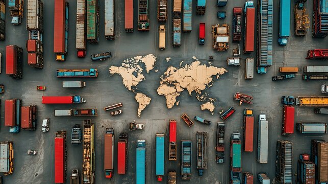 A flat lay of a world map with miniature cargo trucks, ships, and airplanes positioned along trade routes, symbolizing the complexity of the global supply chain.