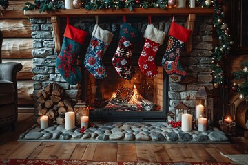 The fireplace is adorned with colorful stockings, surrounded by candles and natural stones, creating a warm and inviting atmosphere perfect for the festive season.