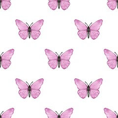 Seamless Watercolor Pattern with Soft Purple Butterflies on White Background – Elegant and Charming Design, Perfect for Fabric, Wallpaper, and Stationery