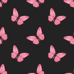 Seamless Watercolor Pattern with Red Butterflies – Vibrant and Elegant Design, Perfect for Fabric, Wallpaper, and Crafts, Adding a Touch of Whimsy to Any Project, Dark Background