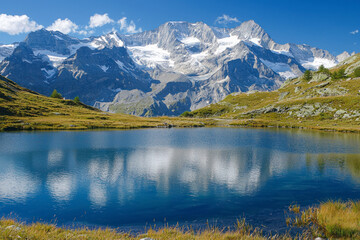 Fototapeta premium Glacial lakes surrounded by mountains. Nearby are the historic churches.