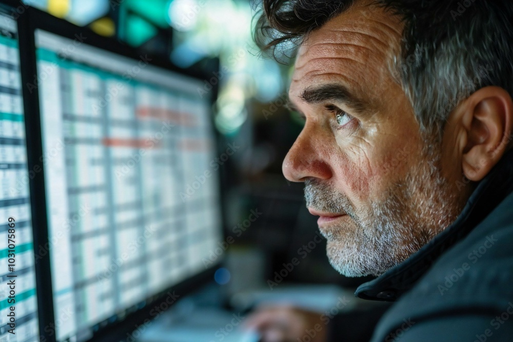 Poster close-up shot of a man in an office staring intently at a computer screen displaying multiple medica