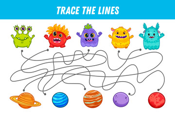  Find the way. Cute monsters and planets. Space elements. Educational game for preschool kids. Activity page.