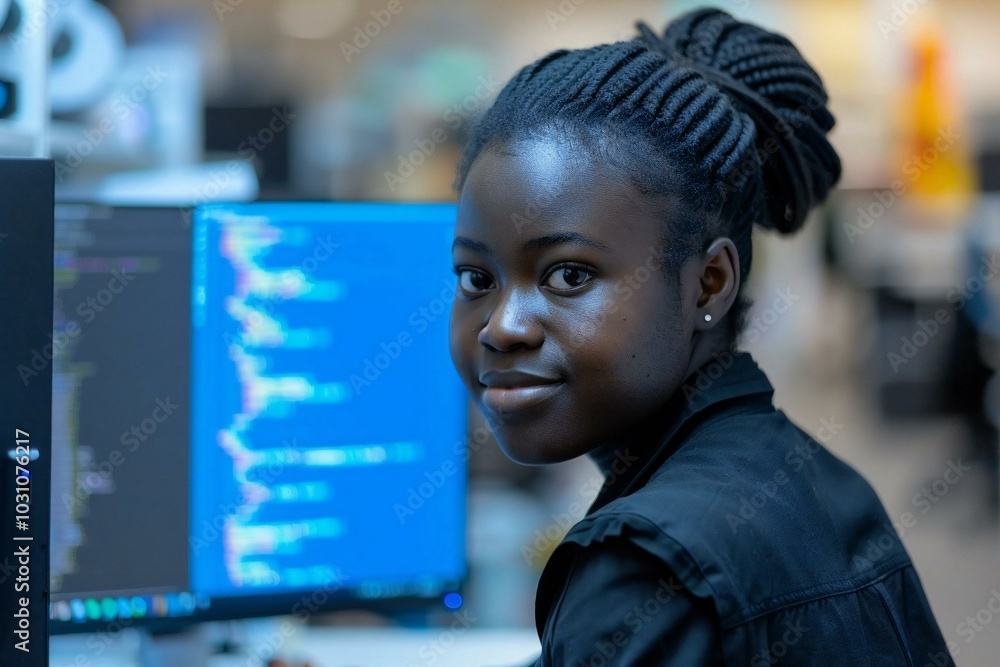 Poster african american female web programmer coding on computer in modern office setting. shows diversity 