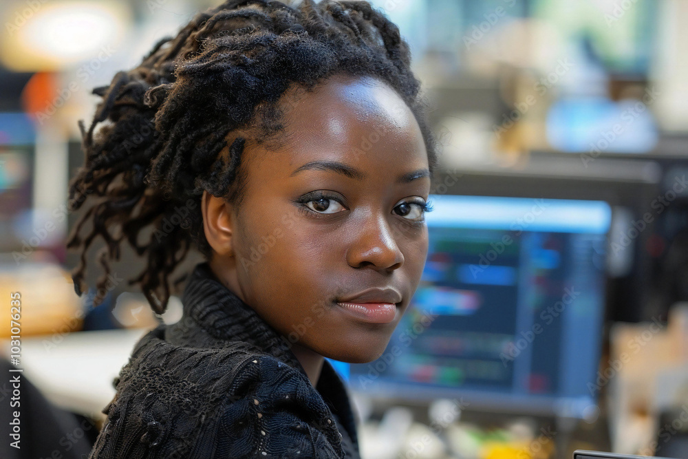 Poster african american female programmer coding in an office setting.