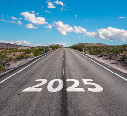 New year 2025 or start straight and beginning concept. number 2025 start written on the road at sunset with lens flare. Concept of challenge or career path, business strategy.