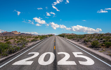 New year 2025 or start straight and beginning concept. number 2025 start written on the road at sunset with lens flare. Concept of challenge or career path, business strategy.