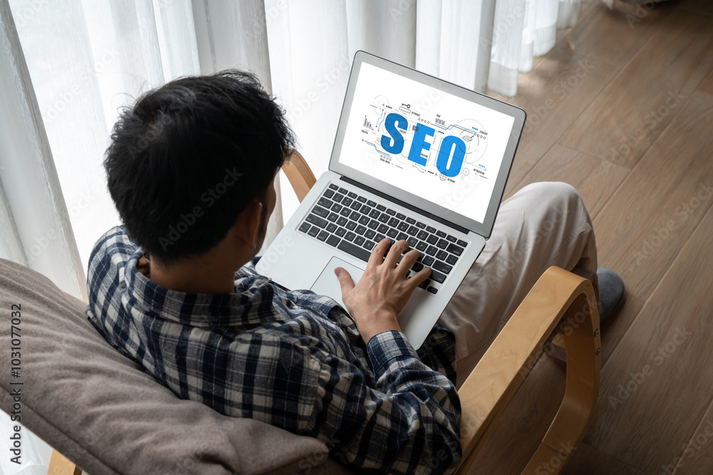 Poster seo search engine optimization for modish e-commerce and online retail business showing on computer 