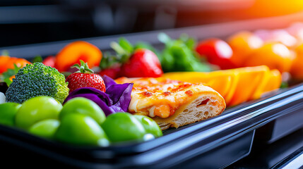 School cafeteria tray with pizza, fruit, and vegetables.
