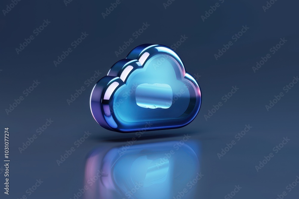 Poster a modern, glossy cloud symbol representing digital storage and data backup solutions, rendered in bl