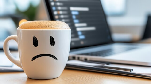 A coffee cup with a sad face sits on a desk beside a laptop, conveying a humorous mood, AI