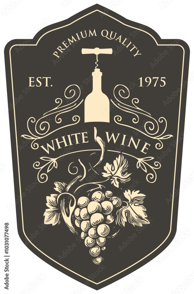 Poster wine label with a bunch of grapes, bottle with corkscrew and inscriptions in retro style. vector han