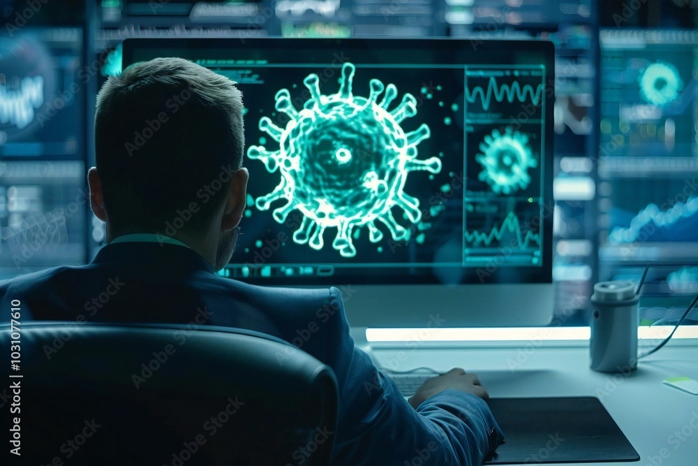 Poster photo of a man sitting in front of a computer monitor displaying a virus software screen, depicting 