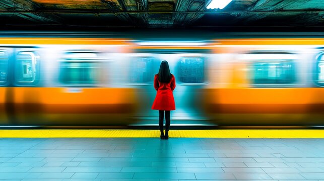 A young woman in red stands on a subway platform as a train passes by, creating a dynamic scene with colorful reflections and movement