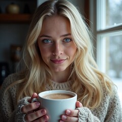 portrait of a Finnish blond woman drinking hot chocolate