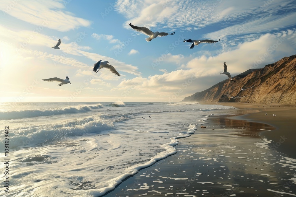Poster seagulls soaring over ocean waves at a serene beach during golden hour with dramatic clouds in the b