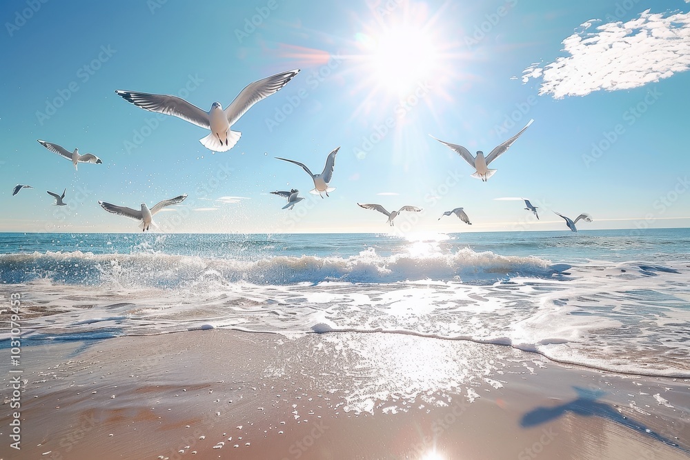 Poster seagulls soaring over ocean waves at a serene beach during golden hour with dramatic clouds in the b