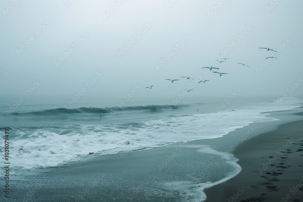 Poster seagulls soaring over ocean waves at a serene beach during golden hour with dramatic clouds in the b