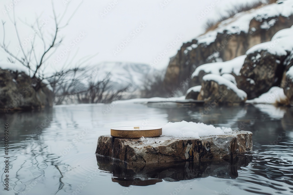 Poster a tranquil winter landscape featuring a rocky outcrop with a snow-covered surface emerging from calm