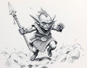 Fototapeta premium Fierce goblin warrior charging with spear against rocky landscape