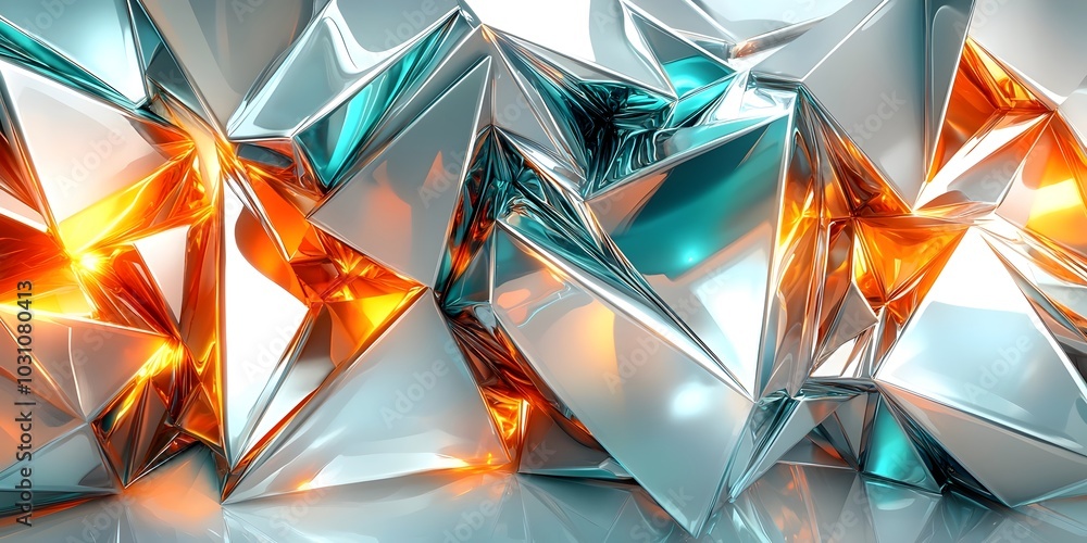Poster abstract metallic background with a blend of silver, teal and orange hues. the geometric shapes crea