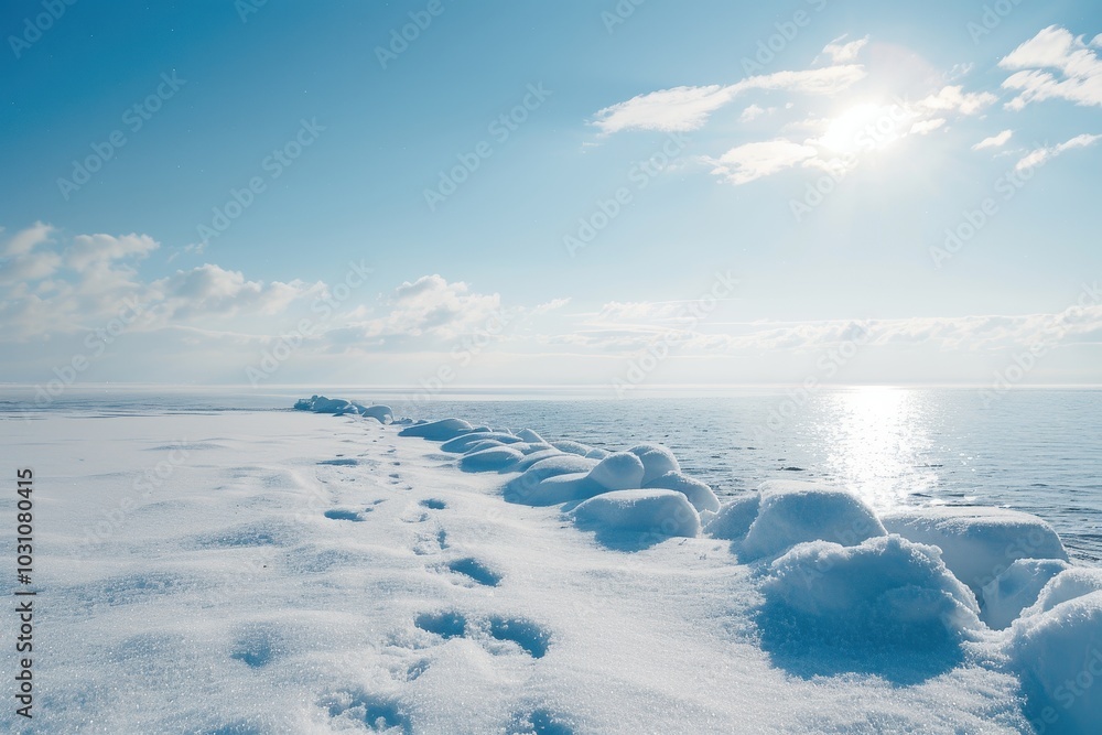 Poster snow-covered landscape with winding tracks under a bright sky and fluffy clouds during daylight in a