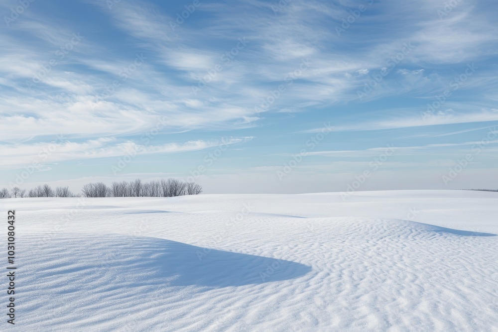 Poster snow-covered landscape with winding tracks under a bright sky and fluffy clouds during daylight in a