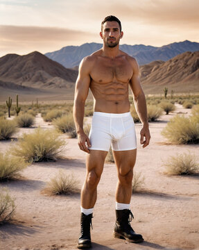 Tall Dark and Handsome Man Standing in Desert Wearing Boxer Briefs and Boots