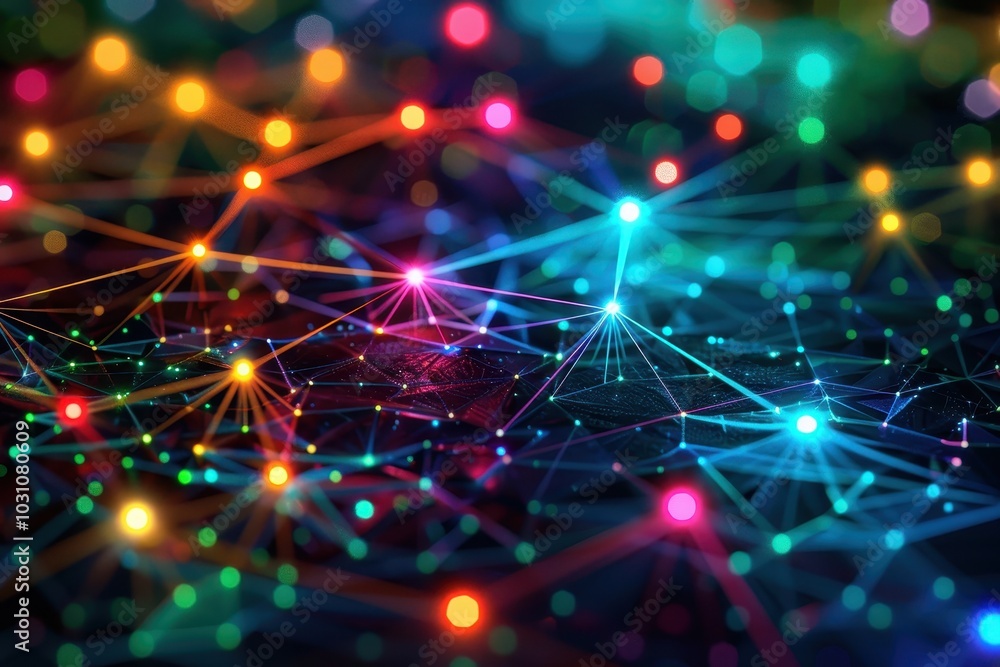 Poster A vibrant abstract representation of interconnected nodes and links illuminated by colorful lights, creating a mesmerizing visual effect in a dark setting