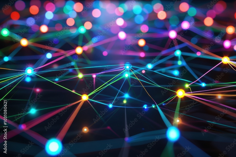 Poster A vibrant abstract representation of interconnected nodes and links illuminated by colorful lights, creating a mesmerizing visual effect in a dark setting